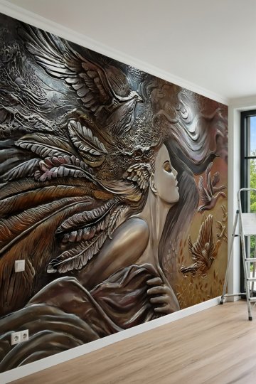 Dreamwall Kabartma Rölyef Görünümlü Kadın ve Kuş Motifli Tek Parça Tekstil Duvar Kağıdı küçük görsel 2