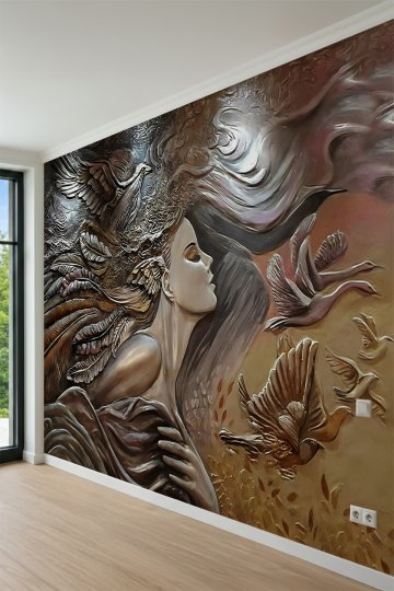 Dreamwall Kabartma Rölyef Görünümlü Kadın ve Kuş Motifli Tek Parça Tekstil Duvar Kağıdı küçük görsel 3
