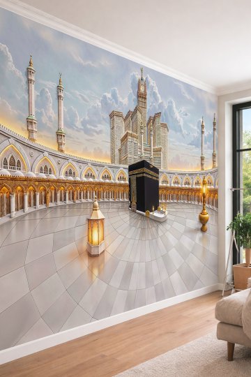Dreamwall Kabe-i Şerif ve Mescid-i Haram Avlusu Manzaralı, Aydınlatmalı Fener Desenli Tek Parça Teks...