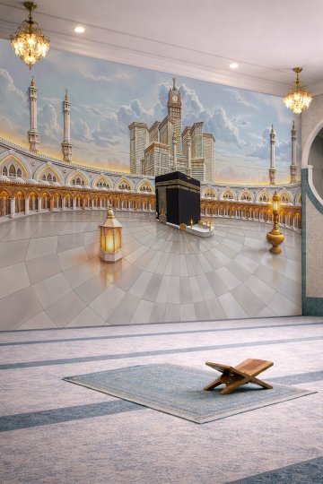 Dreamwall Kabe-i Şerif ve Mescid-i Haram Avlusu Manzaralı, Aydınlatmalı Fener Desenli Tek Parça Tekstil Duvar Kağıdı  küçük görsel 2