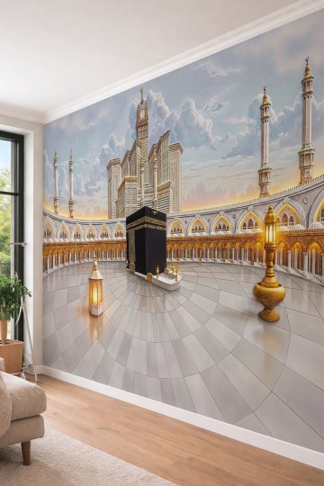 Dreamwall Kabe-i Şerif ve Mescid-i Haram Avlusu Manzaralı, Aydınlatmalı Fener Desenli Tek Parça Tekstil Duvar Kağıdı  küçük görsel 4