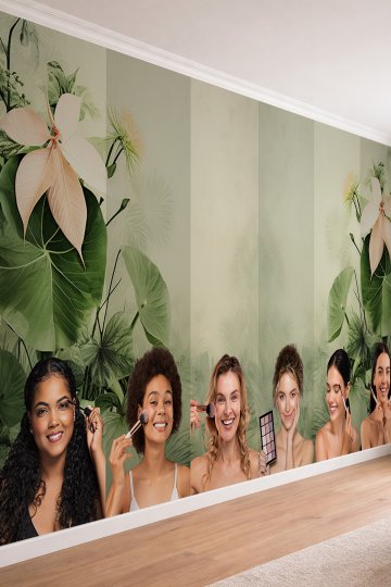 Dreamwall Kadınlar ve Tropikal Yaprak Desenli Güzellik Merkezi Tek Parça Tekstil Duvar Kağıdı