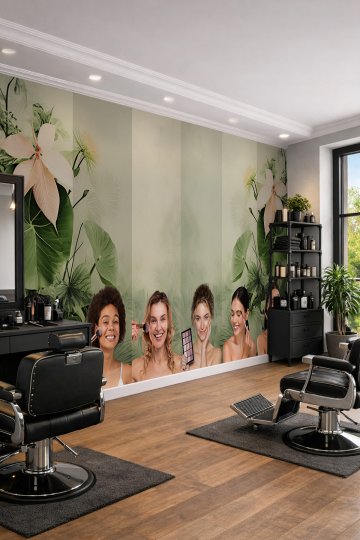 Dreamwall Kadınlar ve Tropikal Yaprak Desenli Güzellik Merkezi Tek Parça Tekstil Duvar Kağıdı küçük görsel 2