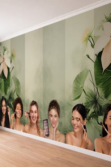 Dreamwall Kadınlar ve Tropikal Yaprak Desenli Güzellik Merkezi Tek Parça Tekstil Duvar Kağıdı küçük görsel 3