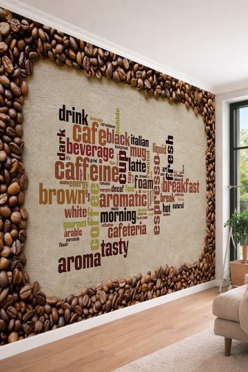 Dreamwall Kahve Çekirdeği Çerçeveli Coffee Words Yazı Desenli Tek Parça Duvar Kağıdı