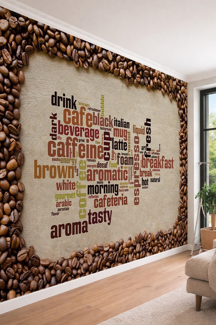 Dreamwall Kahve Çekirdeği Çerçeveli Coffee Words Yazı Desenli Tek Parça Duvar Kağıdı
