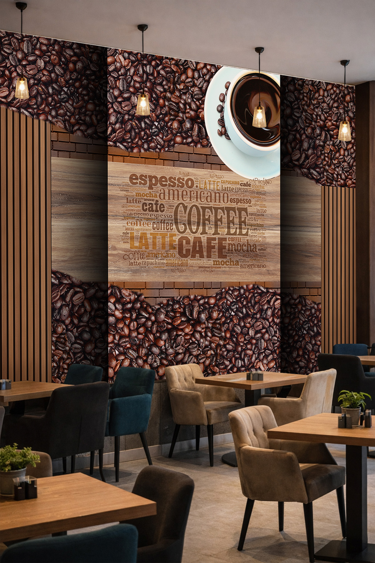 Dreamwall Kahve Çekirdekleri, Ahşap Çıtalar ve Tipografik Yazı Desenli Tek Parça Tekstil Duvar Kağıdı görsel 1