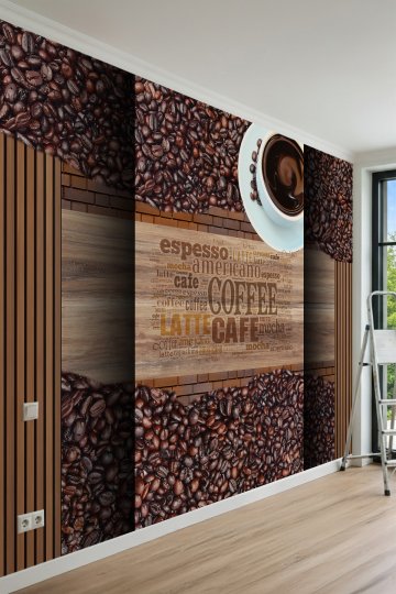 Dreamwall Kahve Çekirdekleri, Ahşap Çıtalar ve Tipografik Yazı Desenli Tek Parça Tekstil Duvar Kağıdı küçük görsel 2