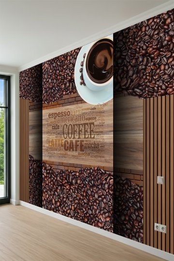 Dreamwall Kahve Çekirdekleri, Ahşap Çıtalar ve Tipografik Yazı Desenli Tek Parça Tekstil Duvar Kağıdı küçük görsel 3