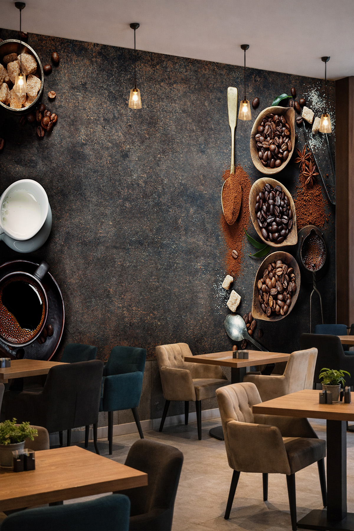 Dreamwall Kahve Çekirdekleri, Ahşap Kaşıklar ve Cezve Motifli Tek Parça Tekstil Duvar Kağıdı görsel 1