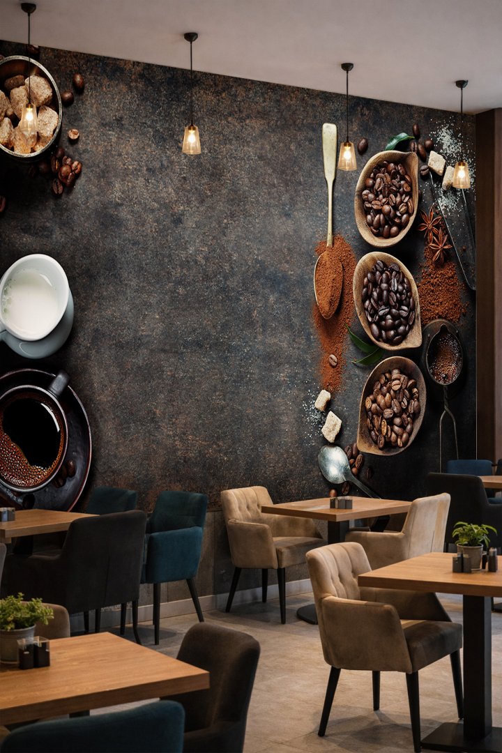Dreamwall Kahve Çekirdekleri, Ahşap Kaşıklar ve Cezve Motifli Tek Parça Tekstil Duvar Kağıdı
