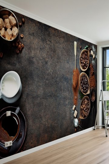 Dreamwall Kahve Çekirdekleri, Ahşap Kaşıklar ve Cezve Motifli Tek Parça Tekstil Duvar Kağıdı küçük görsel 2
