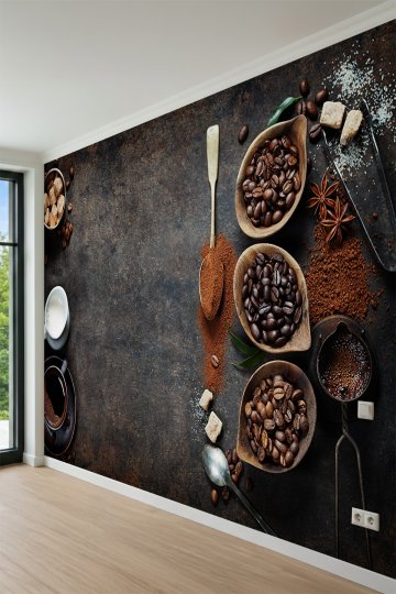 Dreamwall Kahve Çekirdekleri, Ahşap Kaşıklar ve Cezve Motifli Tek Parça Tekstil Duvar Kağıdı küçük görsel 3