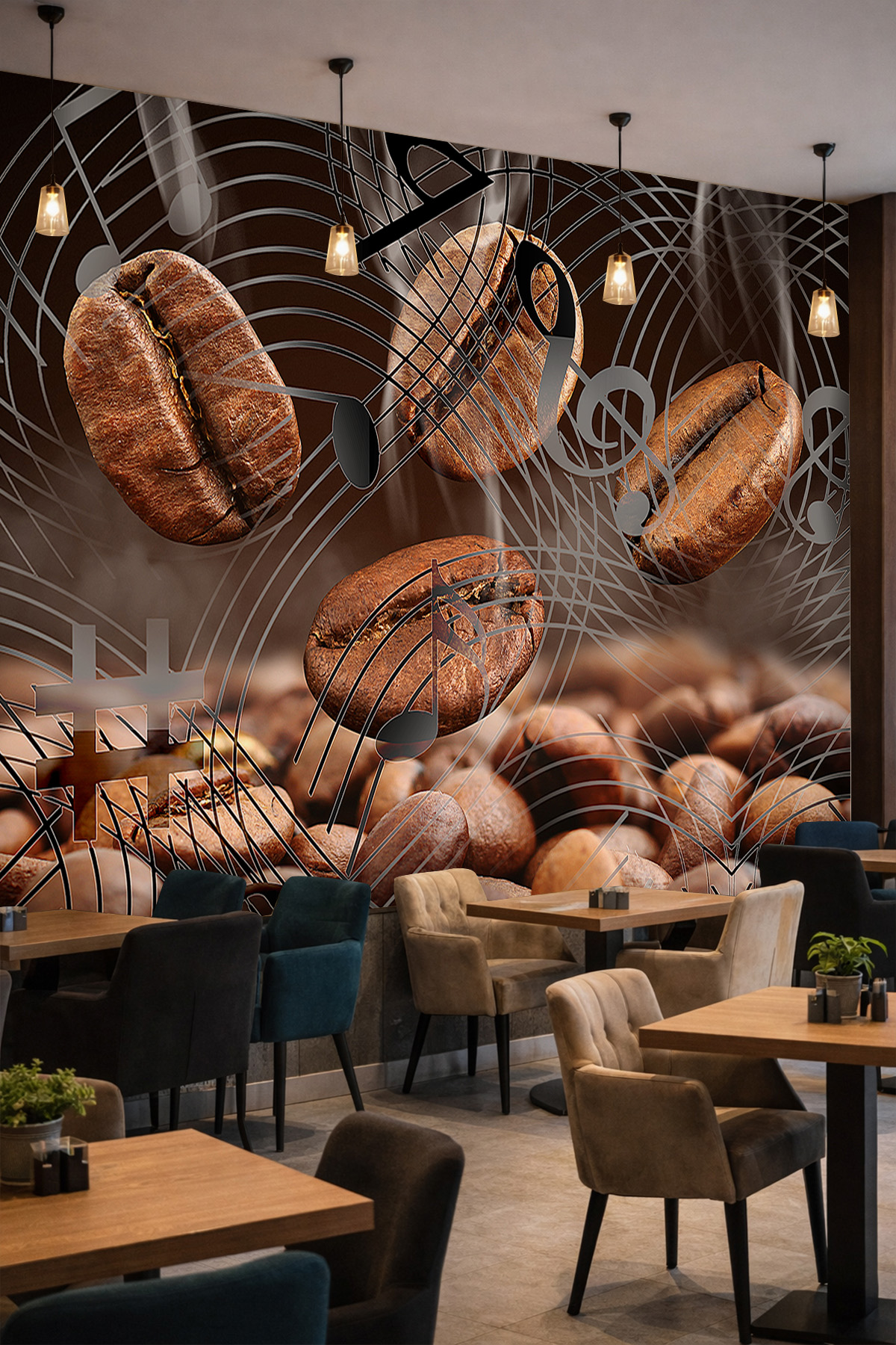 Dreamwall Kahve Çekirdekleri, Notalar ve Geometrik Çizgi Desenli Tek Parça Tekstil Duvar Kağıdı görsel 1