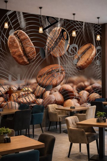 Dreamwall Kahve Çekirdekleri, Notalar ve Geometrik Çizgi Desenli Tek Parça Tekstil Duvar Kağıdı