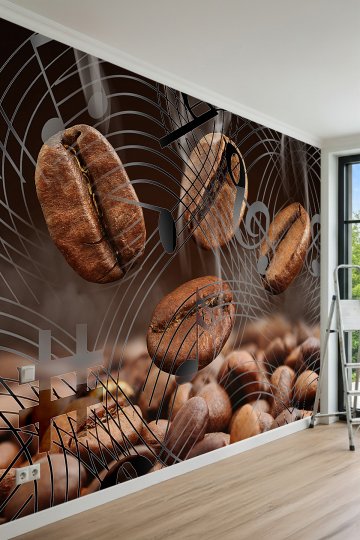 Dreamwall Kahve Çekirdekleri, Notalar ve Geometrik Çizgi Desenli Tek Parça Tekstil Duvar Kağıdı küçük görsel 2