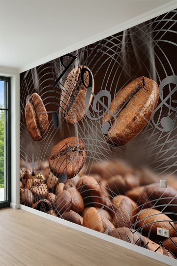 Dreamwall Kahve Çekirdekleri, Notalar ve Geometrik Çizgi Desenli Tek Parça Tekstil Duvar Kağıdı küçük görsel 3