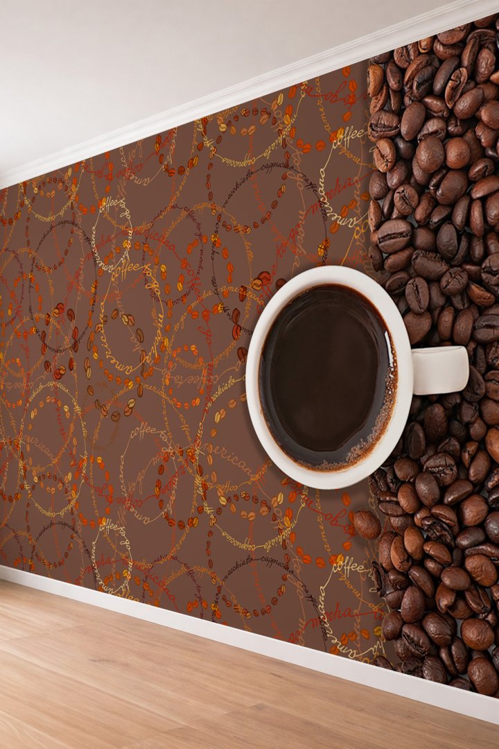 Dreamwall Kahve Çekirdekleri ve Fincan Detaylı Cafe Temalı Tek Parça Tekstil Duvar Kağıdı