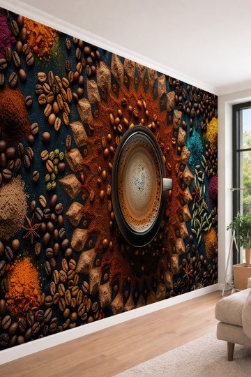 Dreamwall Kahve Çekirdekleri ve Fincan Modern Temalı Tek Parça Tekstil Duvar Kağıdı