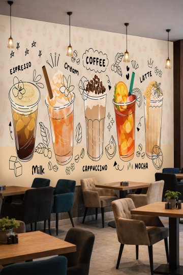 Dreamwall Kahve İllüstrasyonları ve İçecek- Cafe Temalı Tek Parça Tekstil Duvar Kağıdı
