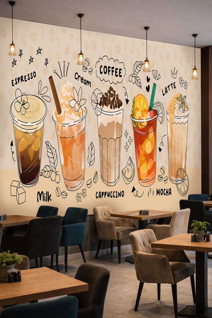 Dreamwall Kahve İllüstrasyonları ve İçecek- Cafe Temalı Tek Parça Tekstil Duvar Kağıdı