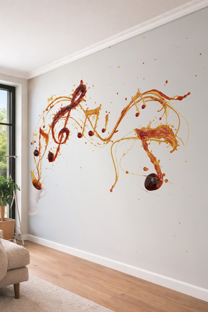 Dreamwall Kahve Sıçraması ve Müzik Notaları Temalı Mutfak & Kafe İçin Tek Parça Tekstil Duvar Kağıdı
