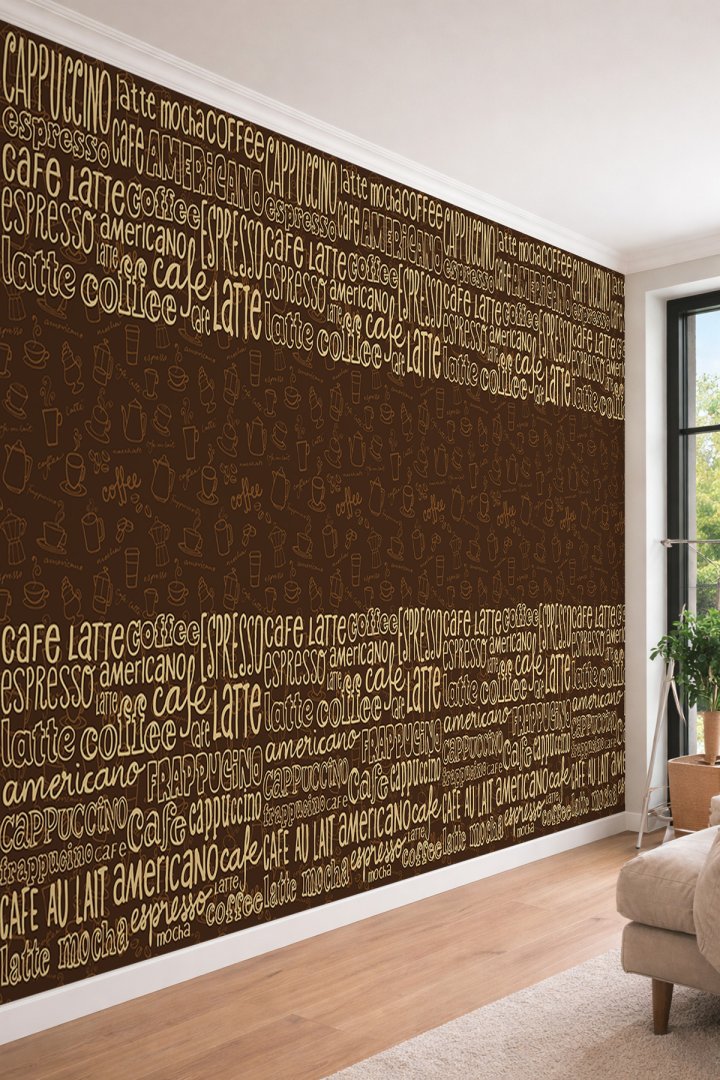 Dreamwall Kahve Yazıları ve Bardak İkonları Desenli Kafe Duvar Kağıdı