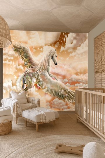 Dreamwall Kanatlı Pegasus ve Sihirli Bulutlar Desenli Tek Parça Tekstil Duvar Kağıdı küçük görsel 1