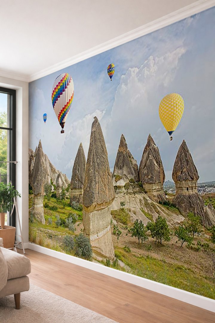 Dreamwall Kapadokya Balonları ve Peribacaları - Manzara Temalı Tek Parça Tekstil Duvar Kağıdı