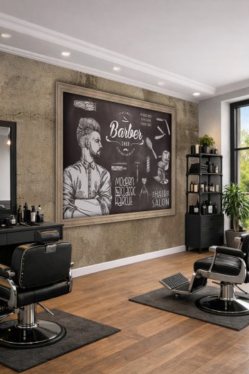Dreamwall Kara Tahta Arka Planlı Berber Konseptli Tek Parça Tekstil Duvar Kağıdı
