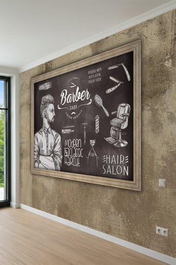 Dreamwall Kara Tahta Arka Planlı Berber Konseptli Tek Parça Tekstil Duvar Kağıdı küçük görsel 3