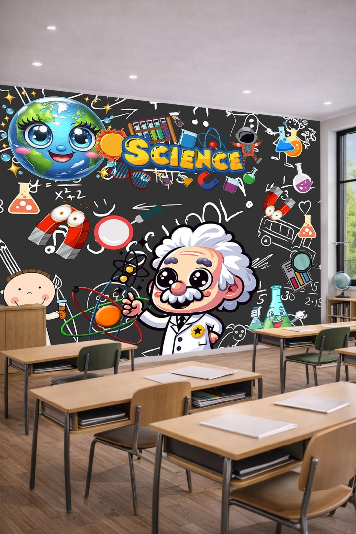 Dreamwall Kara Tahta Arka Planlı, Sevimli Bilim İnsanı ve Laboratuvar Araçları Motifli Tek Parça Tek...