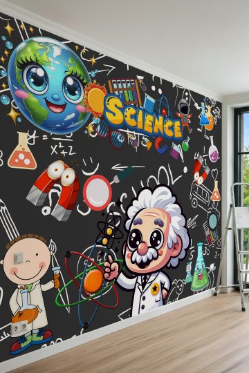 Dreamwall Kara Tahta Arka Planlı, Sevimli Bilim İnsanı ve Laboratuvar Araçları Motifli Tek Parça Tekstil Duvar Kağıdı küçük görsel 3