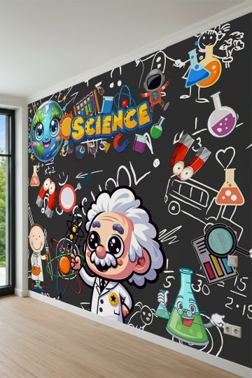 Dreamwall Kara Tahta Arka Planlı, Sevimli Bilim İnsanı ve Laboratuvar Araçları Motifli Tek Parça Tekstil Duvar Kağıdı küçük görsel 4