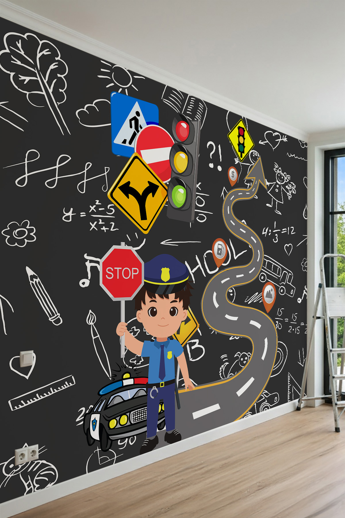 Dreamwall Kara Tahta Arka Planlı, Trafik Polisi, Kıvrımlı Yol ve Trafik İşaretleri Motifli Tek Parça Tekstil Duvar Kağıdı görsel 1
