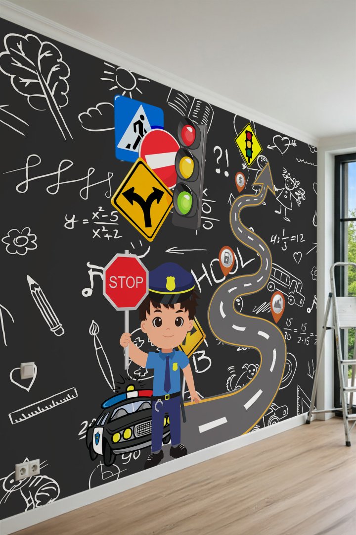 Dreamwall Kara Tahta Arka Planlı, Trafik Polisi, Kıvrımlı Yol ve Trafik İşaretleri Motifli Tek Parça...