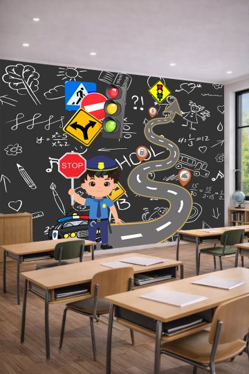 Dreamwall Kara Tahta Arka Planlı, Trafik Polisi, Kıvrımlı Yol ve Trafik İşaretleri Motifli Tek Parça Tekstil Duvar Kağıdı küçük görsel 2
