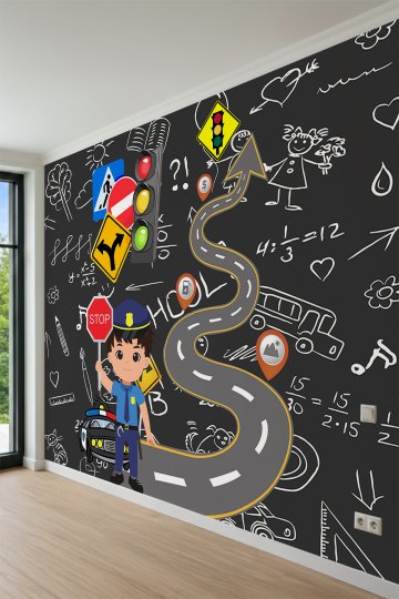 Dreamwall Kara Tahta Arka Planlı, Trafik Polisi, Kıvrımlı Yol ve Trafik İşaretleri Motifli Tek Parça Tekstil Duvar Kağıdı küçük görsel 3