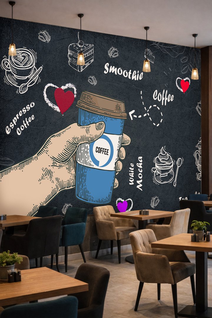 Dreamwall Kara Tahta Fonu Üzerinde Kahve Bardağı ve Tipografik Motifli Tek Parça Tekstil Duvar Kağıd...