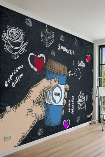 Dreamwall Kara Tahta Fonu Üzerinde Kahve Bardağı ve Tipografik Motifli Tek Parça Tekstil Duvar Kağıdı küçük görsel 2