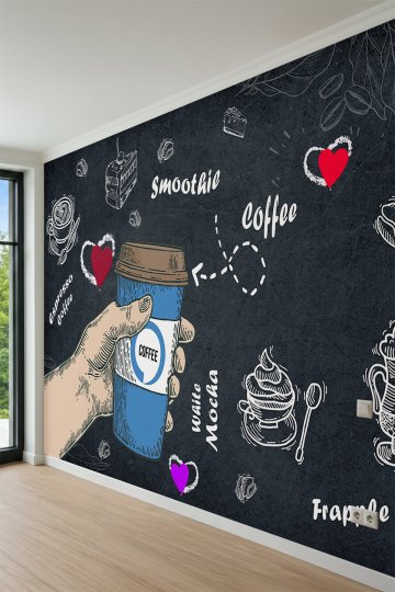 Dreamwall Kara Tahta Fonu Üzerinde Kahve Bardağı ve Tipografik Motifli Tek Parça Tekstil Duvar Kağıdı küçük görsel 3