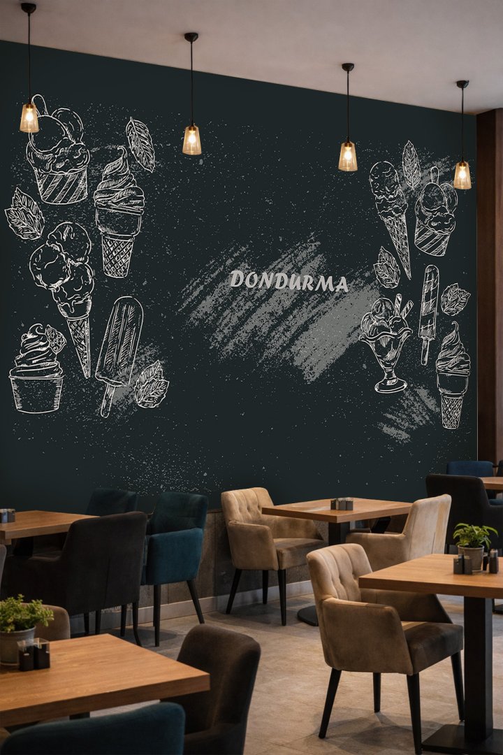 Dreamwall Kara Tahta Üzerine Tebeşir Çizimi Dondurma ve Tipografik Motifli Tek Parça Tekstil Duvar K...