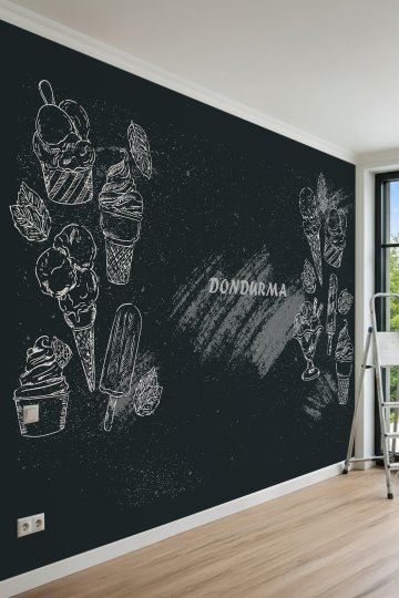 Dreamwall Kara Tahta Üzerine Tebeşir Çizimi Dondurma ve Tipografik Motifli Tek Parça Tekstil Duvar Kağıdı küçük görsel 2