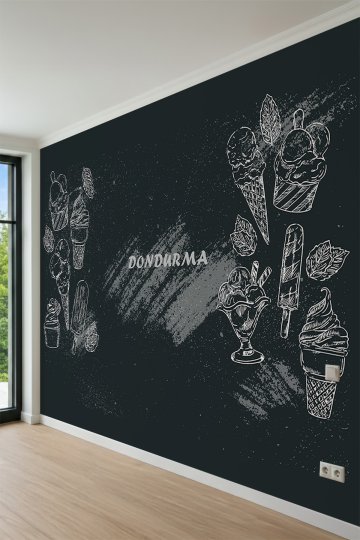 Dreamwall Kara Tahta Üzerine Tebeşir Çizimi Dondurma ve Tipografik Motifli Tek Parça Tekstil Duvar Kağıdı küçük görsel 3