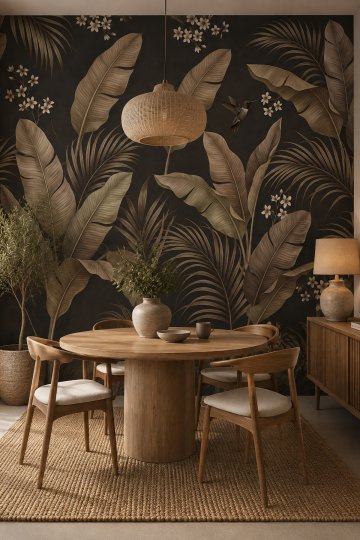 Dreamwall Karanlıkta Dans- Sinek Kuşu ve Tropikal Yaprak Desenli Tek Parça Tekstil Duvar Kağıdı küçük görsel 2