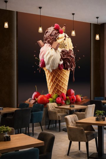 Dreamwall Karışık Top Dondurma, Çikolata Sosu ve Meyve Motifli Tek Parça Tekstil Duvar Kağıdı