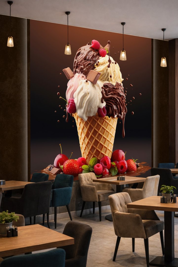 Dreamwall Karışık Top Dondurma, Çikolata Sosu ve Meyve Motifli Tek Parça Tekstil Duvar Kağıdı