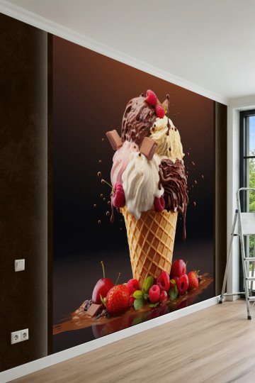 Dreamwall Karışık Top Dondurma, Çikolata Sosu ve Meyve Motifli Tek Parça Tekstil Duvar Kağıdı küçük görsel 2