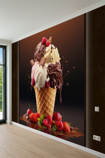 Dreamwall Karışık Top Dondurma, Çikolata Sosu ve Meyve Motifli Tek Parça Tekstil Duvar Kağıdı küçük görsel 3