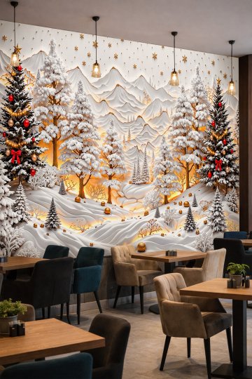 Dreamwall Karlı Dağ Manzarası, Işıklandırılmış Çam Ormanı, Yılbaşı Ağaçları ve Altın Detaylı Tek Parça Tekstil Duvar Kağıdı  küçük görsel 1